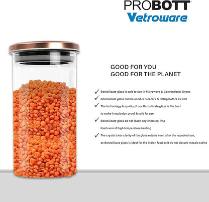 PROBOTT Vetroware Glass Storage Jar 1100ml, Transparent | For Grains, Pulses, Spice, Cereals, Cookies, Dry Fruits | Fridge Storage Container | Multipurpose Organizer Jar with Airtight Metal Lid