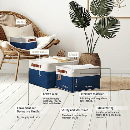DECOMOMO Storage Bins, Large Fabric Storage Baskets for Shelves, Decorative Linen Closet Organizer, 15 x 11 x 9.5 inches (Navy Blue & White, 4 Pack)