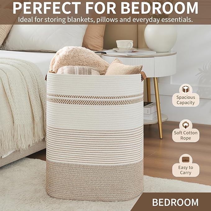 AINUOQI Laundry Basket with Handles - Blanket Basket & Hampers for Bedroom Aesthetic, Laundry Hamper & Blanket Storage for Living Room, Clothes Hamper, Tall, Large 17" x 14" x 22”, Light Brown & White