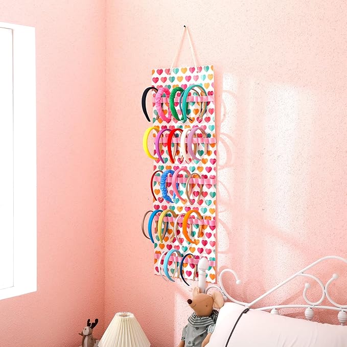 Tudomro Hanging Headband Holder for Girls Felt Hair Accessories Organizer with 60 Elastic Bands Bow Hanger for Girls Hair Bows Without Headbands(Multicolor,Heart)