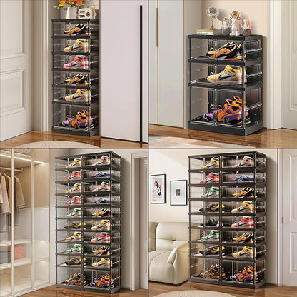 EHAMILY 8 Tiers 16-32 Pairs Foldable Shoe Boxes Large Plastic Shoe Storage Rack Collapsible Shoe Organizer for Closet Clear Stackable Shoes Shelf Storage Cabinet with Doors Quick Assembly Black