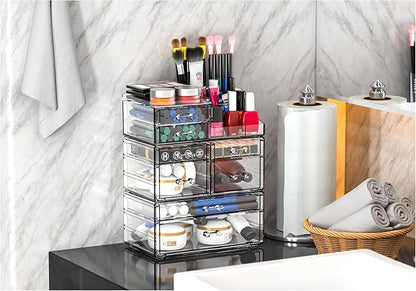 Cq acrylic Clear Make up Organizers for Vanity,Skincare Organizer With 8 Drawers for Dresser,Plastic Cute Desk Accessories Organization and Bathroom Organizers Storage Case Box for Beauty,Skin Care