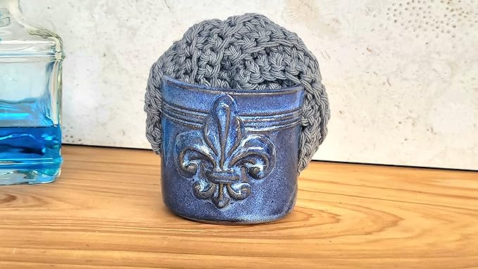 Fleur De Lis Sponge Holder for Sink White French Country Farmhouse Decor Compact Handmade Drain Rack (Blue)
