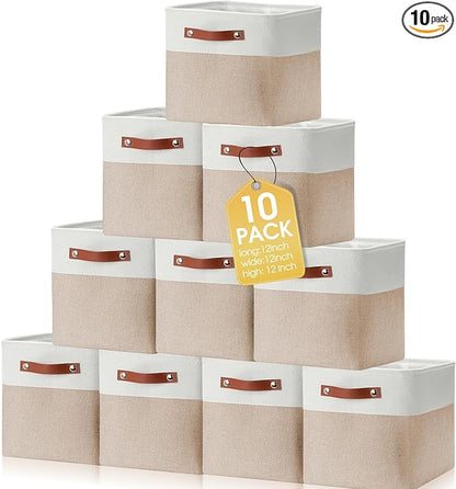 Uiifan 10 Pcs Collapsible Storage Bins Fabric Foldable Storage Basket with Handles Cloth Organizer Linen Shelf Baskets for Shelves Home Closet Nursery Toys(12 x 12 x 12 Inch,Beige and White)