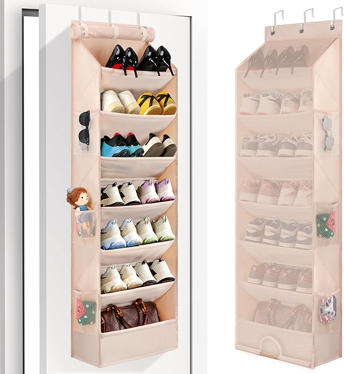 7 Tier Over The Door Shoe Organizer, Hanging Shoe Rack for Closet with Dustproof Mesh Curtain & 6 Side Pockets, Behind The Door Narrow Shoe Holder Hanger for Sneakers, Boots (Beige)