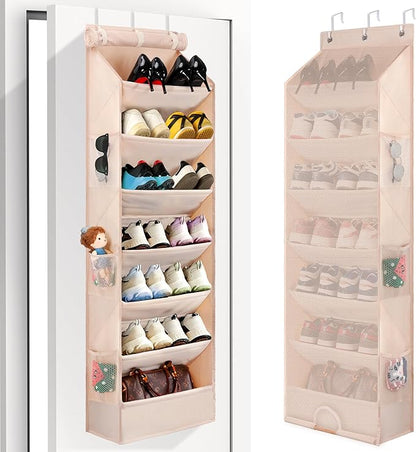7 Tier Over The Door Shoe Organizer, Hanging Shoe Rack for Closet with Dustproof Mesh Curtain & 6 Side Pockets, Behind The Door Narrow Shoe Holder Hanger for Sneakers, Boots (Beige)