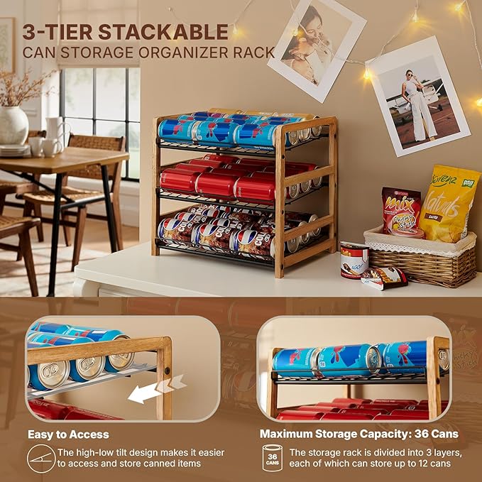 DGWJSU Can Organizer for Pantry 3-Tier, Can Storage Organizer Pantry, Soda Can Organizer, Holds up to 36 Cans Holders for Pantry, Cabinet, Countertop, Carbonized Brown
