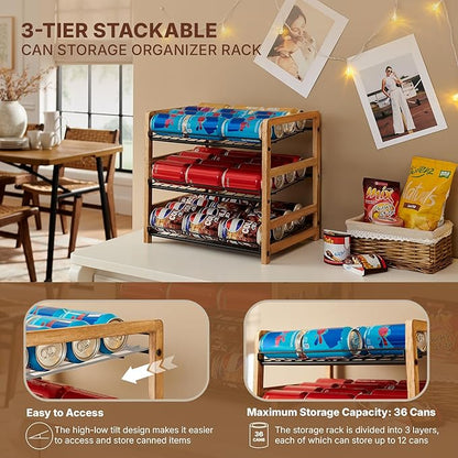 DGWJSU Can Organizer for Pantry 3-Tier, Can Storage Organizer Pantry, Soda Can Organizer, Holds up to 36 Cans Holders for Pantry, Cabinet, Countertop, Carbonized Brown