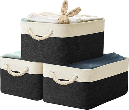 Simple Houseware 15.7" x 12" Wide & Low Fabric Storage Bin for Shallow Gaps and Closet, Braided Handles, 3 Pack, Black