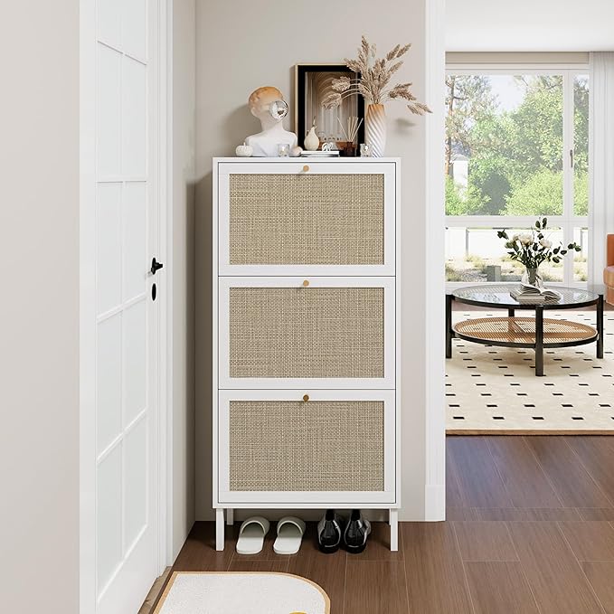 ZeHuoGe Rattan Shoe Cabinet with 3 Flip Drawers, Narrow Hidden Shoe Rack Storage Cabinet for Heels,Slippers, Free Standing Shoe Rack, Entrance Hallway Entryway (White)