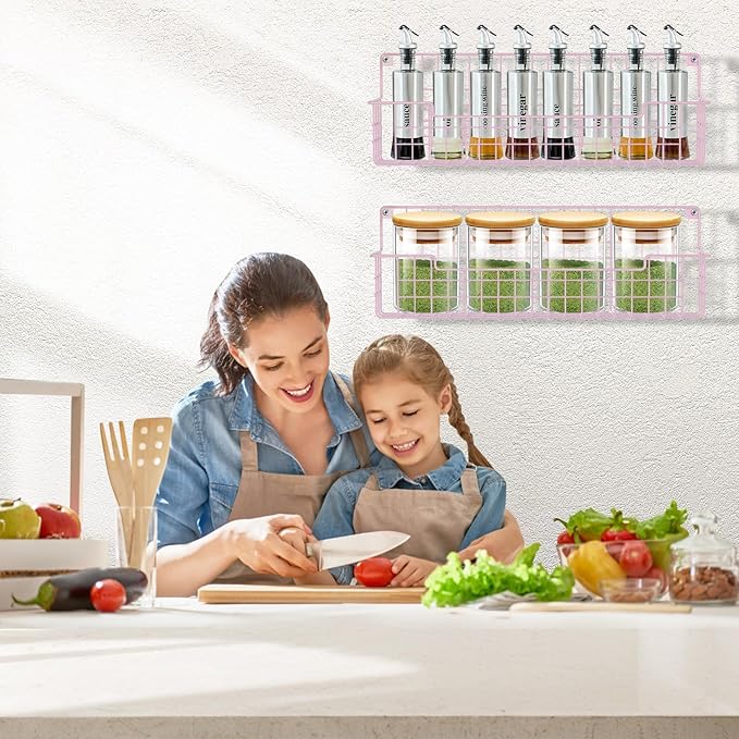 Spice Rack, 4-Pack Seasoning Organizer Wall Mounted for Kitchen Storage Organization, Metal Spice Holder Shelf for Cabinet, Pantry, Pink