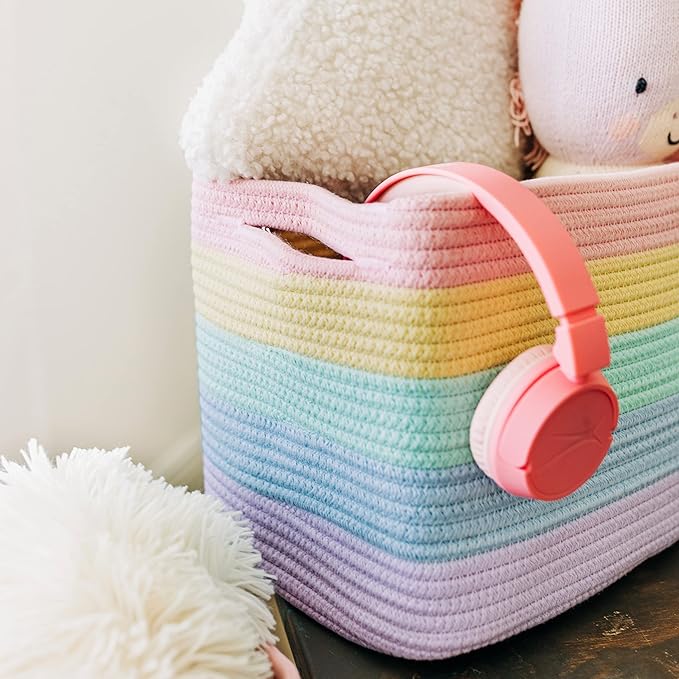 Pastel Rainbow Cotton Rope Baskets for Shelves, Set of 3-15"×10"×9½" - Colorful Storage Baskets for Kids - Nursery, Playroom, Classroom - Toy Storage, Books, Towels