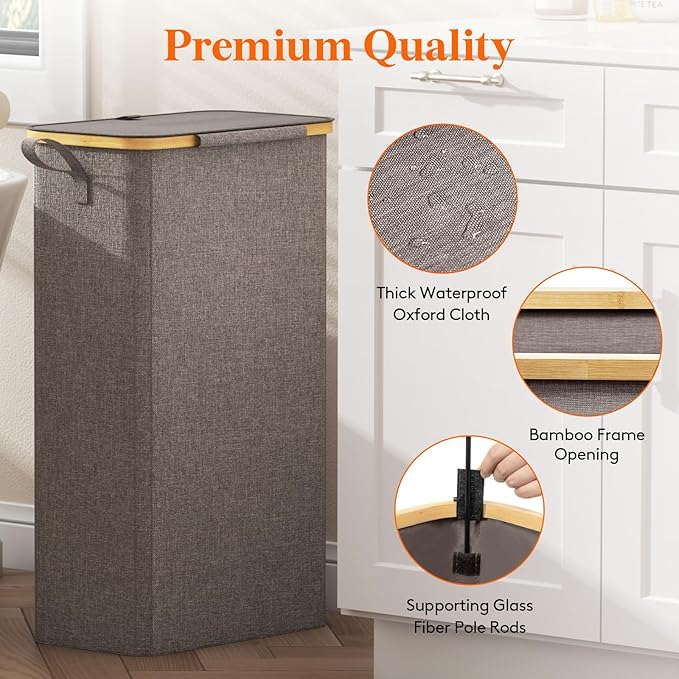 Lifewit 75L Slim Laundry Hamper with Lid, Narrow Laundry Basket with Removable Bag & Bamboo Handles, Fodable Thin Dirty Clothes Hamper for Laundry Collapsible Bin for Bathroom Bedroom Dorm, Brown