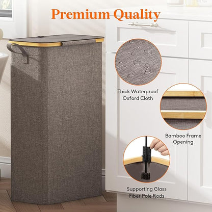 Lifewit 75L Slim Laundry Hamper with Lid, Narrow Laundry Basket with Removable Bag & Bamboo Handles, Fodable Thin Dirty Clothes Hamper for Laundry Collapsible Bin for Bathroom Bedroom Dorm, Brown