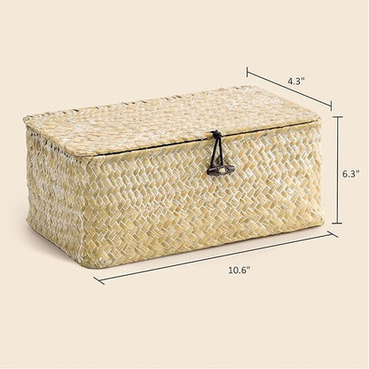 Nonam Small Basket with Lid, Natural Seagrass Bin with Lid, Shelf Baskets Multipurpose Container for Boho Decoration, Rectangular Household Storage Boxes for Home Organization-White