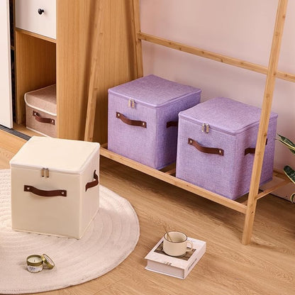 4PCS Storage Cubes with Lid Fabric Storage Bins Boxes PU Leather Handles Cotton Linen Closet Organizer Container Decorative Foldable Washable Shelf Cloth Basket (Zipper Lid, Beige, 11in)