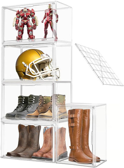 1 Pack 17''x13''x13'' Clear Big Shoe Display Case, XXX-Large Extra Large Acrylic Display Case with A Divider Stackable Boot & Shoe Boxes Large Showcase for Helmet, Figures Collectibles