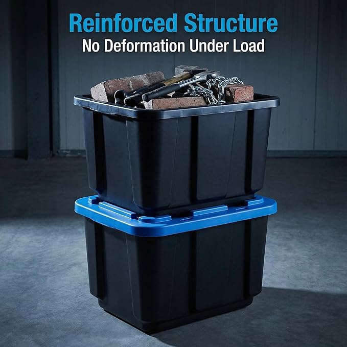 12 Gallon Rugged Plastic Storage Bins with Latching Lids - Stackable Heavy Duty Totes for Garage, Basement, Workshop, Camping and Home Organization, Black 4-Pack Utility Container Set