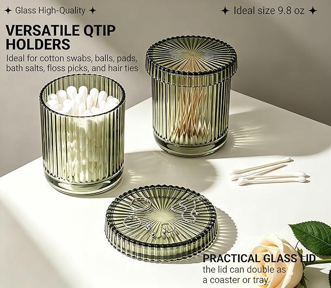 2 Pack Glass Qtip Holder Dispenser Set - Bathroom Organizer for Cotton Swabs, Balls, Pads, Floss Picks - Clear Apothecary Jars for Vanity, Makeup Storage, Bathroom Accessories Decor (Olive Green)