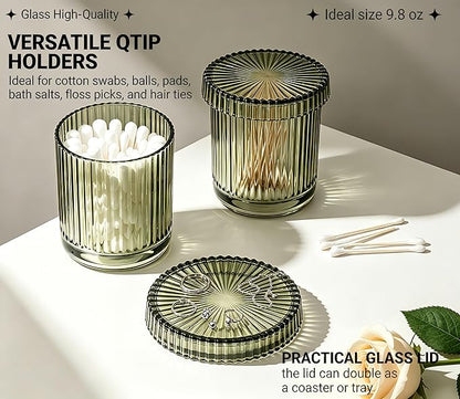 2 Pack Glass Qtip Holder Dispenser Set - Bathroom Organizer for Cotton Swabs, Balls, Pads, Floss Picks - Clear Apothecary Jars for Vanity, Makeup Storage, Bathroom Accessories Decor (Olive Green)