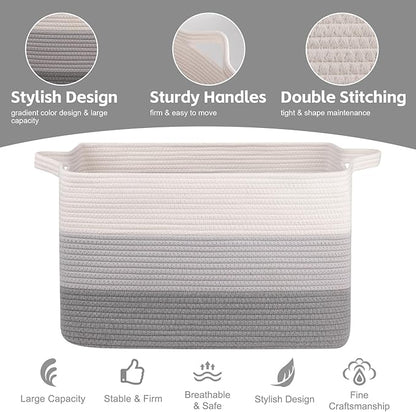 OIAHOMY Extra Large Blanket Basket, 110L Cotton Rope Woven Laundry Basket, Toy Bin for Baby Room, Container for Blanket Storage in Living Room, 24.8''×17.3''×15.8'', Gradient Grey