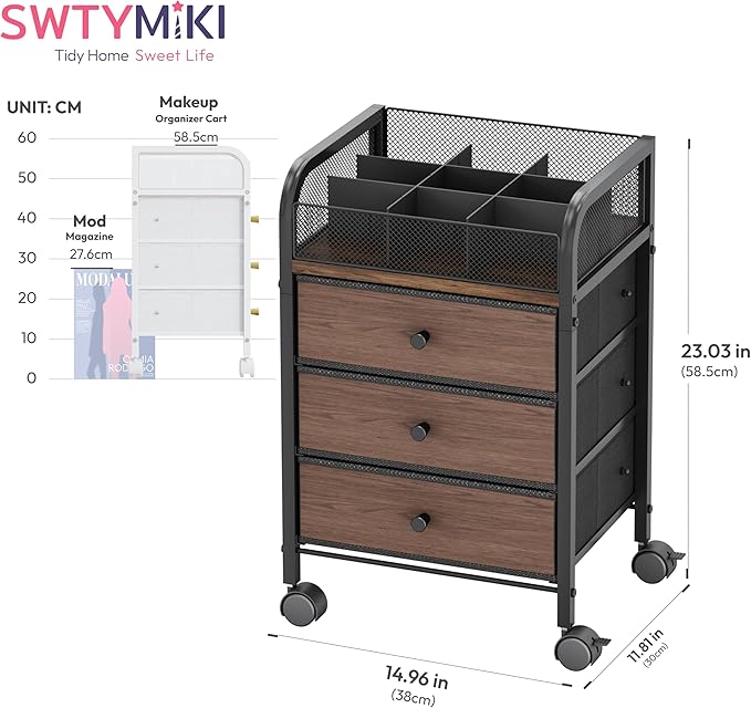 SWTYMIKI Rolling Makeup Organizer Cart - 14.96″*11.81″*23.03″ Widened Under Desk Vanity Storage with 3 Non-woven Drawers, Cosmetic Display Cases for Skin Care Perfume Nail Polish Brush Hair Tool Black