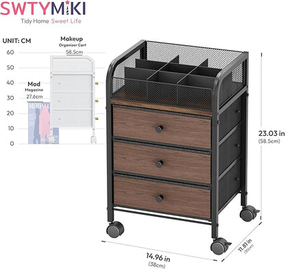 SWTYMIKI Rolling Makeup Organizer Cart - 14.96″*11.81″*23.03″ Widened Under Desk Vanity Storage with 3 Non-woven Drawers, Cosmetic Display Cases for Skin Care Perfume Nail Polish Brush Hair Tool Black