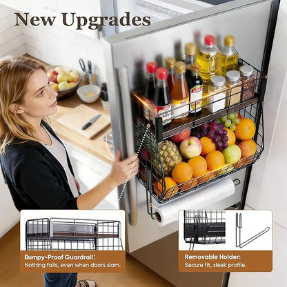 Magnetic Spice Rack for Refrigerator with Paper Towel Holder, Fruit Basket with 2 Hooks for Kitchen Storage and Organizer, Full‑Enclosed Magnetic Shelf 33 lbs for Laundry, Pantry, Coffee Bar and RV