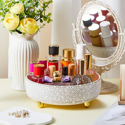 Honeydak White Bling Perfume Makeup Organizer Bling Mother's Day Nurse Day Gifts for Women Bathroom Organizers and Storage 360 Rotating Makeup Organizer for Countertop(Pearl)