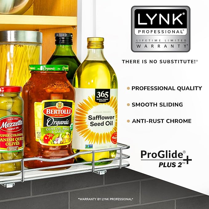 LYNK PROFESSIONAL® Pull Out Spice Organization for Cabinets - 12-3/8 inch Wide – Spice Rack for Inside Cabinets, Slide Out Spice Rack Organizer for cabinet – Pull Out Spice Rack, Sliding 1 Tier Chrome