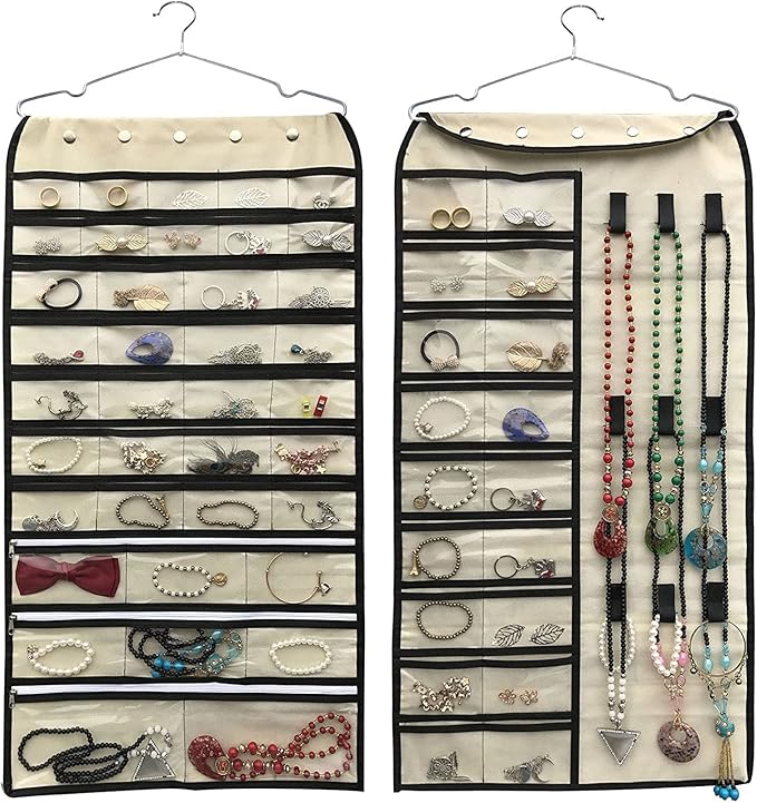 BB Brotrade Hanging Jewelry Organizer,Double Sided 56 Pockets&9 Hooks Accessories Organizer for Holding Jewelry