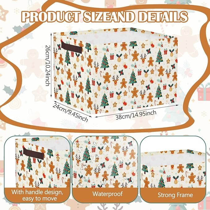 Geelin 3 Pcs Christmas Baskets Storage Gingerbread Christmas Tree Snowman Basket for Gifts Collapsible Waterproof Canvas Xmas Storage Bin Organizer with Handles for Book Closet Shelf Nursery Decor