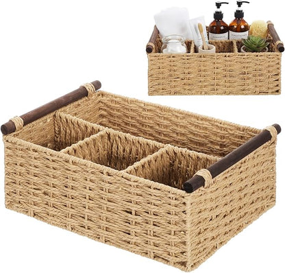 Remerry Bathroom Countertop Organizer Caddy, Wicker-Like Divided Basket with Handle and Metal Frame, 4 Compartment, Paper Rope Storage Organizer for Vanity Kitchen(Beige,15.35 x 10.24 x 6.3 in)