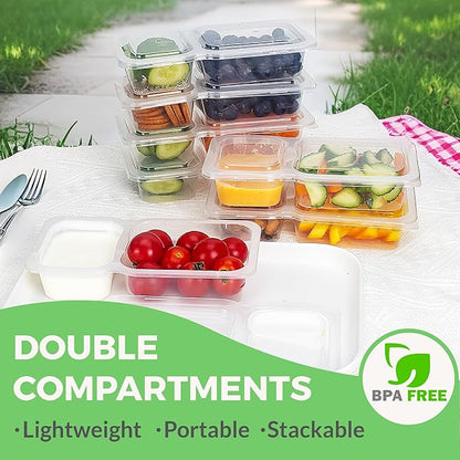 MACTANO Reusable Snack Containers with Lids, 9 oz Double Compartment Plastic Snack Pack Containers Portion Control Meal Prep Snack Boxes BPA Free 40 Sets for Work Travel School