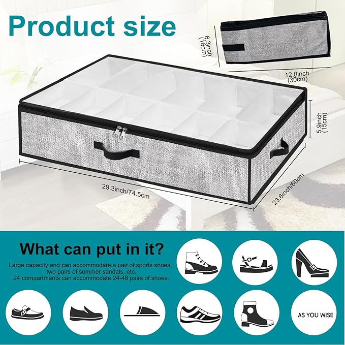 Under Bed Shoe Storage Organizer for Closet 2 Pack- Fits 24 Pairs Underbed Shoes Container Boxes Light Grey