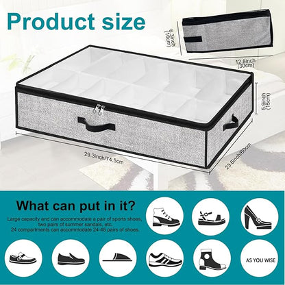 Under Bed Shoe Storage Organizer for Closet 2 Pack- Fits 24 Pairs Underbed Shoes Container Boxes Light Grey