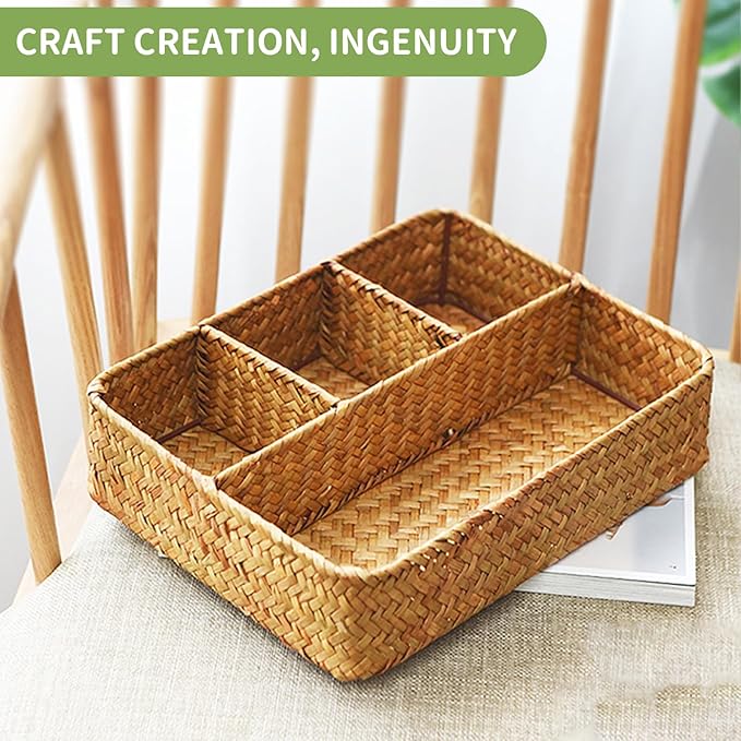 Wicker Baskets 4-Section Tea Bag/Sugar Packet Holder,Seagrass Woven Compartment Organizer,Storage Rattan Divided Basket,Office-Desk Baskets for Shelves,Pantry,Coffee Station Organizer,Countertops