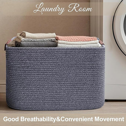 Large Cotton Rope Storage Basket with Leather Handles, Laundry Hamper Baskets, 20 "L x 14" W x 12 "H, Storage Blanket & Toy , Home Decor Basket. (Large Dark Grey)