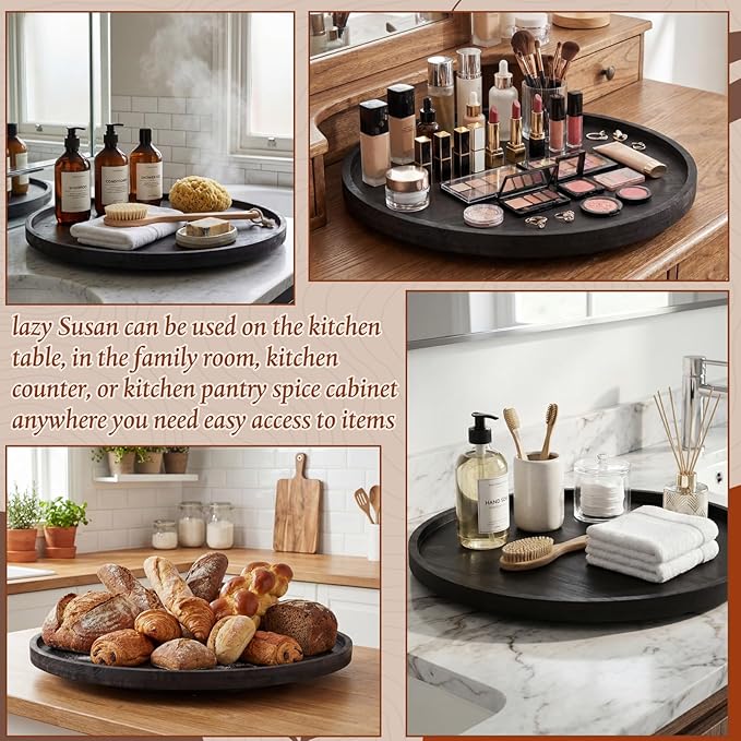 20'' Wood Lazy Susan for Countertop Acacia Large Turntable Rotating Serving Tray for Table Top Non Skid Kitchen Tray Revolving Condiment Spice Rack Table Organization Storage, Black