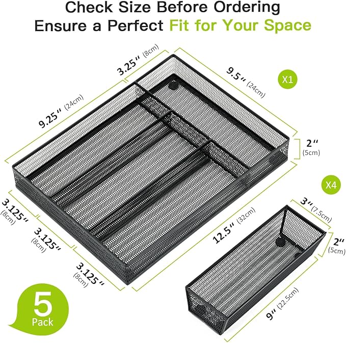 Neudeco Drawer Organizer Set 5 Pack - 4-Compartment Silverware Organizer Tray + 4 Utensil Trays, Kitchen Drawer Organizer for Flatware, Cutlery, Office Supplies, Black Mesh, Non-Slip.