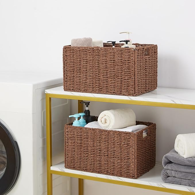 Vagusicc Wicker Storage Basket, Set of 2 Hand-Woven Paper Rope Wicker Basket, Small Storage Baskets for Organizing Toilet Paper, Foldable Large Cube Storage Organizer Baskets Bin for Shelves (Brown)