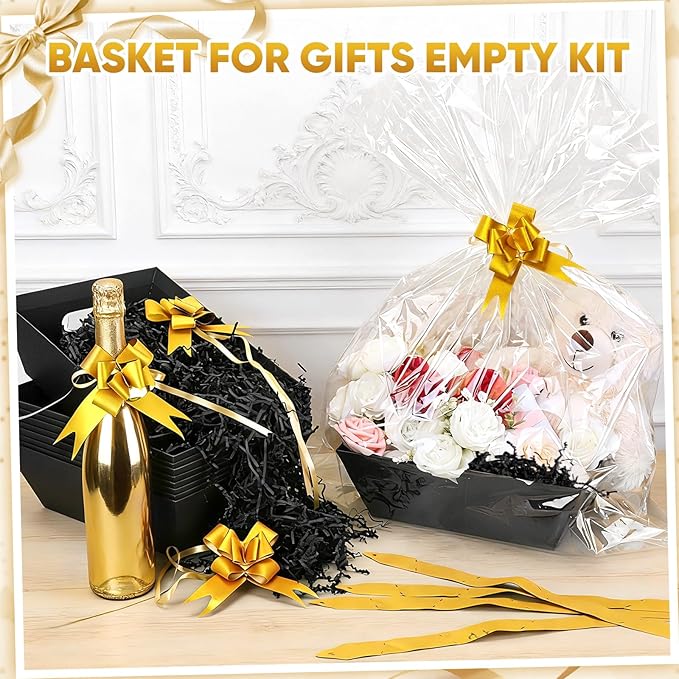 5 Pack Baskets For Gifts Empty, 10x12” Black Gift Basket Kit with Clear Bags Gold Bows 200g Crinkle Cut Paper Empty Gift Baskets to Fill Large Gift Baskets for Christmas, Birthdays, Holidays, Weddings