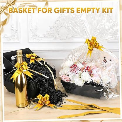 5 Pack Baskets For Gifts Empty, 10x12” Black Gift Basket Kit with Clear Bags Gold Bows 200g Crinkle Cut Paper Empty Gift Baskets to Fill Large Gift Baskets for Christmas, Birthdays, Holidays, Weddings