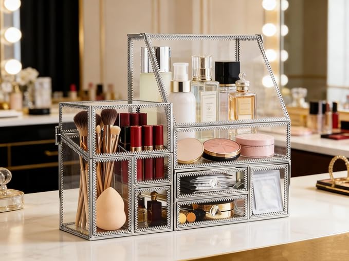Tempered Glass Makeup Organizer with Heart Shaped Metal Frame, Large Cosmetic Storage Drawer Cabinet, Dustproof Vanity Display Case for Lipstick Makeup Brush Skincare Bathroom Bedroom