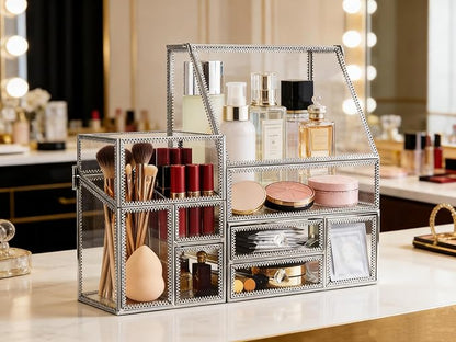 Tempered Glass Makeup Organizer with Heart Shaped Metal Frame, Large Cosmetic Storage Drawer Cabinet, Dustproof Vanity Display Case for Lipstick Makeup Brush Skincare Bathroom Bedroom