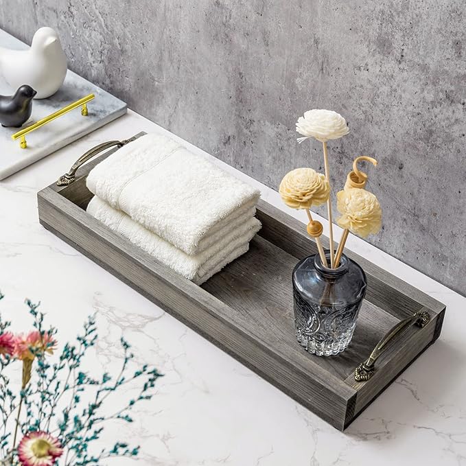 MyGift 16 Inch Vintage Gray Wood Toilet Tank Tray Organizer - Bathroom Vanity Rectangular Storage Tray with Antique Brass Tone Metal Handles