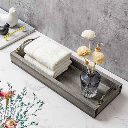 MyGift 16 Inch Vintage Gray Wood Toilet Tank Tray Organizer - Bathroom Vanity Rectangular Storage Tray with Antique Brass Tone Metal Handles
