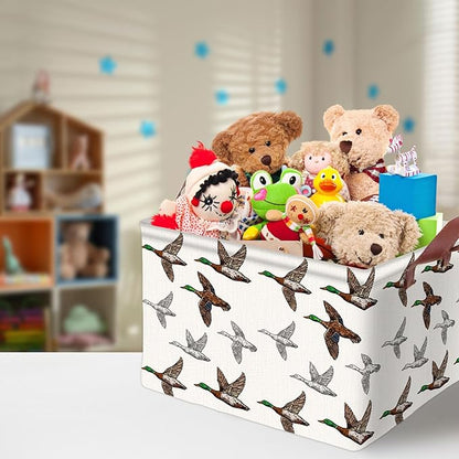 Mallard Duck Storage Basket Waterproof Canvas Toy Storage Bin Mallard Duck Room Decor Collapsible Outdoor Basket with Leather Handles Blanket Baskets For Closets,Bedrooms,Gifts Baskets