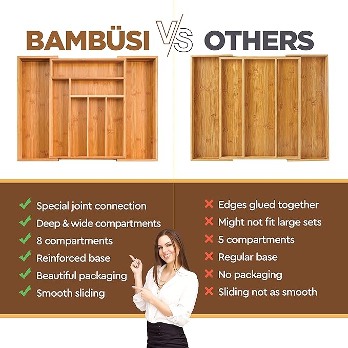 Bambüsi Bamboo Expandable Drawer Organizer for Utensils - Adjustable Cutlery Tray with Dividers for Silverware, Flatware, and Knives in Kitchen, Bedroom, or Living Room Storage Organization