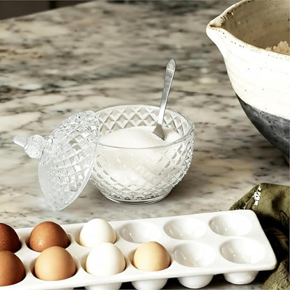 7 oz Crystal Glass Salt Cellar with Lid and Stainless Steel Spoon for Kitchen Seasoning (Ball shape)